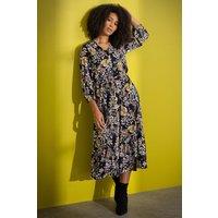 Klass. Women's Printed Blouson Sleeve Midi Dress in Black | Size: 10