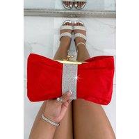 Love Lemonade Women's Crystal Detail Suede Bow Clutch Bag in Red