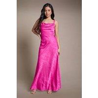 Oasis Women's Petite Bright Pink Double Strap Cowl Neck Satin Jacquard Bridesmaid Midi Dress | Size: 12