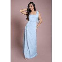 Oasis Women's Petite Light Blue Square Neck Chiffon Tie Shoulder Satin Jacquard Bridesmaid Maxi Dress | Size: 12