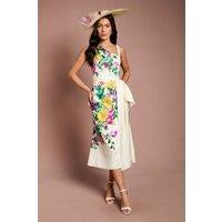 Coast Women's Lisa Tan Placement Print Satin Floral Bow Detail Midi Dress in Lemon | Size: 16