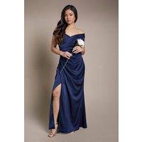 Coast Women's Petite Satin Bardot Bridesmaid Maxi Dress with Waist Ruching Detail in Navy | Size: 6