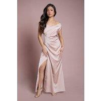 Coast Women's Petite Satin Bardot Bridesmaid Maxi Dress with Waist Ruching Detail in Mocha | Size: 10