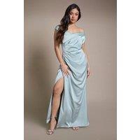 Coast Women's Petite Satin Bardot Bridesmaid Maxi Dress with Waist Ruching Detail in Sage | Size: 6