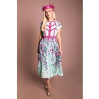 Coast Women's Petite Lisa Tan Floral Printed Lace Trim Pleated Midi Dress in Sage | Size: 4