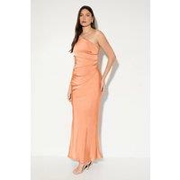 MissPap Women's Satin Asymmetric Strap Pleated Waist Low Back Maxi Bridesmaid Dress in Apricot | Size: 14