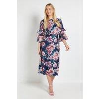 Wallis Women's Petite Floral Burn Out Ruffle Midi Dress in Navy | Size: 16