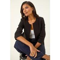 Roman Women's Cropped Bolero Tailored Jaquard Jacket Wedding Shrug Fitted Blazer in Black | Size: 14
