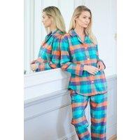 British Boxers Women's "Acorn Squash" Check Brushed Cotton Pyjama Set in Teal | Size: Large