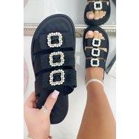 Love Lemonade Women's Crystal Buckle Triple Bow Sliders in Black | Size: 4