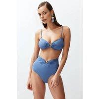 WOVCOR Women's High Waist Hardware Detail Shaping Bikini Bottom with Front Accent in Blue | Size: 8