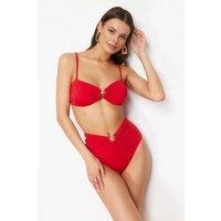WOVCOR Women's High Waist Hardware Detail Shaping Bikini Bottom with Front Accent in Red | Size: 6