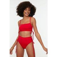 WOVCOR Women's Lace Up Side High Waist Bikini Bottom with Adjustable Tie Detail in Red | Size: 10