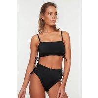 WOVCOR Women's Lace Up Side High Waist Bikini Bottom with Adjustable Tie Detail in Black | Size: 8
