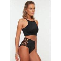 WOVCOR Women's Strappy Side Super High Waist Bikini Bottom with Cut Out Detail in Black | Size: 8