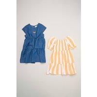 Miss Girl's 2-Pack Stripe & Chambray Dresses in Orange | Size: 5 Years