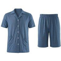 MODISHION Men's Solid Short Sleeve Button-up Loungewear Set in Dark Blue | Size: Large