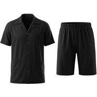 MODISHION Men's Solid Short Sleeve Button-up Loungewear Set in Black | Size: Large