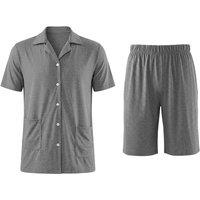 MODISHION Men's Solid Short Sleeve Button-up Loungewear Set in Grey | Size: Large