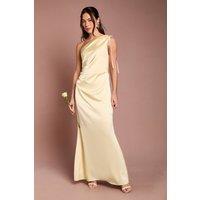 Oasis Women's Butter Yellow Ruched Side Detail One Shoulder Satin Maxi Bridesmaid Dress | Size: 12