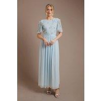 Oasis Women's Petite Floral Embellished Mesh Angel Sleeve Maxi Dress in Dusty Blue | Size: 14