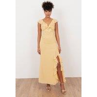 Maya Deluxe Women's Embellished V Neck Ruffle Maxi Dress in Yellow | Size: 14
