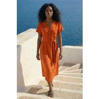 Roman Women's Button Linen Mix Midi Dress in Orange | Size: 20
