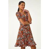 Roman Women's Floral Print V-Neck Wrap Stretch Dress in Orange | Size: 18