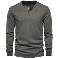 MODISHION Men's Long-Sleeved Henley T-Shirt in Grey | Size: Medium