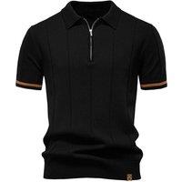 MODISHION Men's Turn-Down Short-Sleeve Polo Shirt with Partial Zip Placket in Black | Size: Large