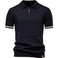 MODISHION Men's Turn-Down Short-Sleeve Polo Shirt with Partial Zip Placket in Dark Navy | Size: Large