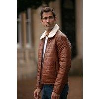 Ashwood Leather Men's 'Piuma Alpina' Real Leather Puffer Jacket With Faux Fur Collar in Tan | Size: Large