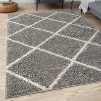 THE RUGS Moroccan Soft High Pile Shaggy Diamond Rugs & Runners Living Room in Grey | Size: 60 cm x 110 cm