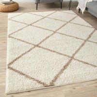 THE RUGS Moroccan Soft High Pile Shaggy Diamond Rugs & Runners Living Room in Ivory | Size: 80 cm x 150 cm