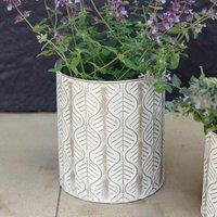 Primrose Set of 2 Metal Leaf Design Cylinder Decorative Planters in Cream in Beige