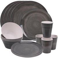 Neel Blue 16 Pieces Melamine Dinner Set - Plates, Dessert Plates, Bowls & Cups, Swirl Design in Dark Grey