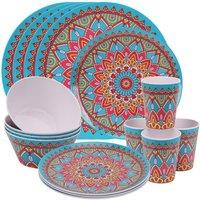 Neel Blue 16 Pieces Melamine Dinner Set - Plates, Dessert Plates, Bowls & Cups, Swirl Design