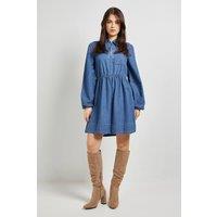 Dorothy Perkins Women's Zip Front Pocket Detail Long Sleeve Denim Mini Dress in Mid Wash | Size: 8