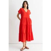Gini London Women's Red V Neck Pocket Smock Midi Dress | Size: Large/XL