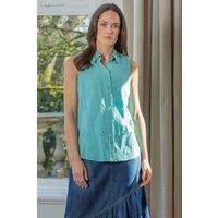 Klass. Women's Sleeveless Embroidered Cotton Blouse in Aqua | Size: 14
