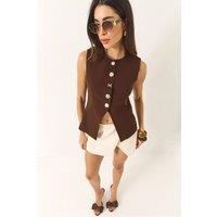 Bianco Lucci Women's Fitted Sleeveless Button-Front Waistcoat with Crew Neck in Dark Brown | Size: Medium