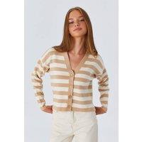 MixRay Women's Striped V-Neck Buttoned Cardigan in Tan
