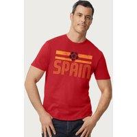 Coto7 Men's Spain Retro Stripe World Cup Football T-Shirt in Red | Size: Small