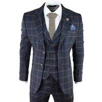 Infinity Leather Men's Check 3 Piece Tweed Suit Peaky Blinders 1920s Gatsby Tailored Fit in Navy | Size: 46R