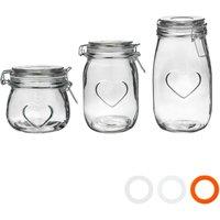 Nicola Spring Heart Glass Storage Jars - 3 Sizes - Clear Seal - Pack of 3