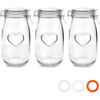 Nicola Spring Heart Glass Storage Jars - 1.5 Litre - Clear Seal - Pack of 3