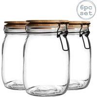 Argon Tableware Wooden Clip Lid Storage Jars - 1 Litre with Seal - Pack of 6 in Clear