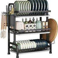 ATEK Dish Rack 3-Tier Dish Drainer Rack with Drainboard Large Over Sink Countertop Dish Drying Rack with Cutlery, Cutting Board Holder in Black