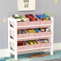 VOGREX Pink 3 Tier Toy Storage Unit 9 Boxes Kids Bedroom Shelf