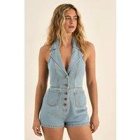 NastyGal Women's Denim Waistcoat Playsuit in Pale Wash | Size: 14